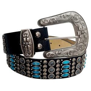 Italian Leather Embellished Western Belt Black Silver Turquoise Rodeo Cowgirl